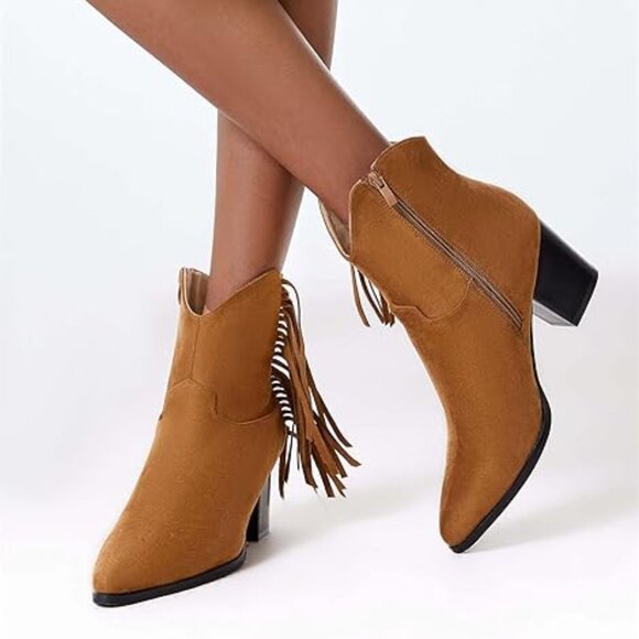 Women's Block Heel Side Tassel Western Winter Boots